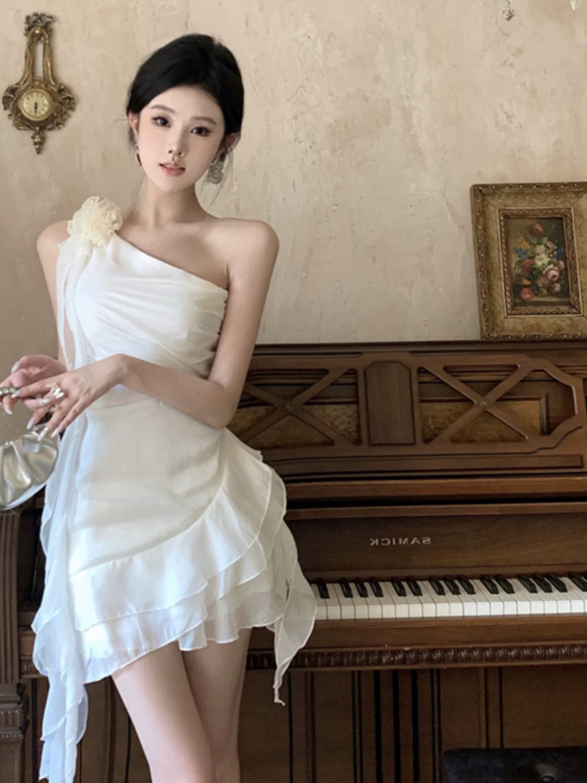 Elegant White One Shoulder Sheath Chiffon Short Birthday Party Dress RF01004