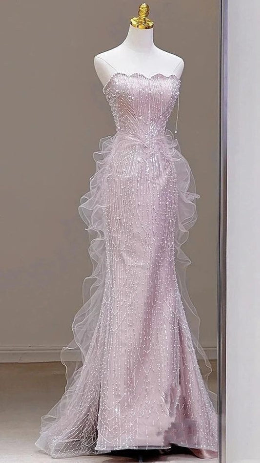 Robe de bal sirène bustier rose à sequins, inspiration robe de soirée longue pour un 18e anniversaire AB2356