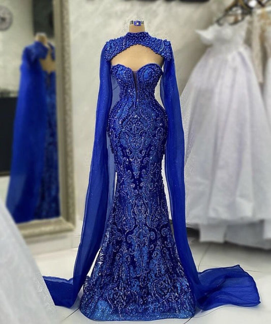 Gorgeous Mermaid Sweetheart Royal Blue Sequins Beaded Bodice Prom Dresses Long Formal Party Gown With Cape AB342