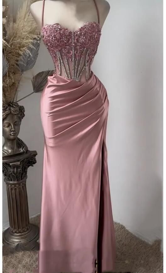 Pink Mermaid Prom Dresses Side Split Spaghetti Straps Sexy Special Dress Lace Appliques Crystals Beaded Party Gowns AB345