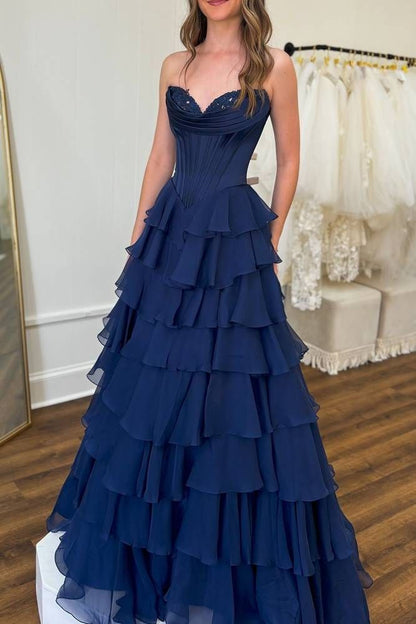 A line Dark Navy Strapless Pleated Prom Dresses With Ruffle Evening Dress AB687