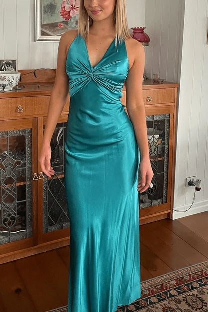 Langes, türkisfarbenes Etuikleid mit V-Ausschnitt und Rückenbindelasche, formelles Abendkleid, Ballkleid AB1175