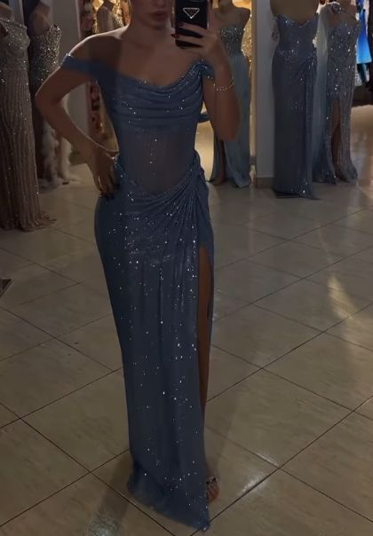 Sparkly Mermaid Off The Shoulder Blue Sequin Long Slit Evening Party Gowns Evening Dress Special Formal Dresses Prom Dress AB653