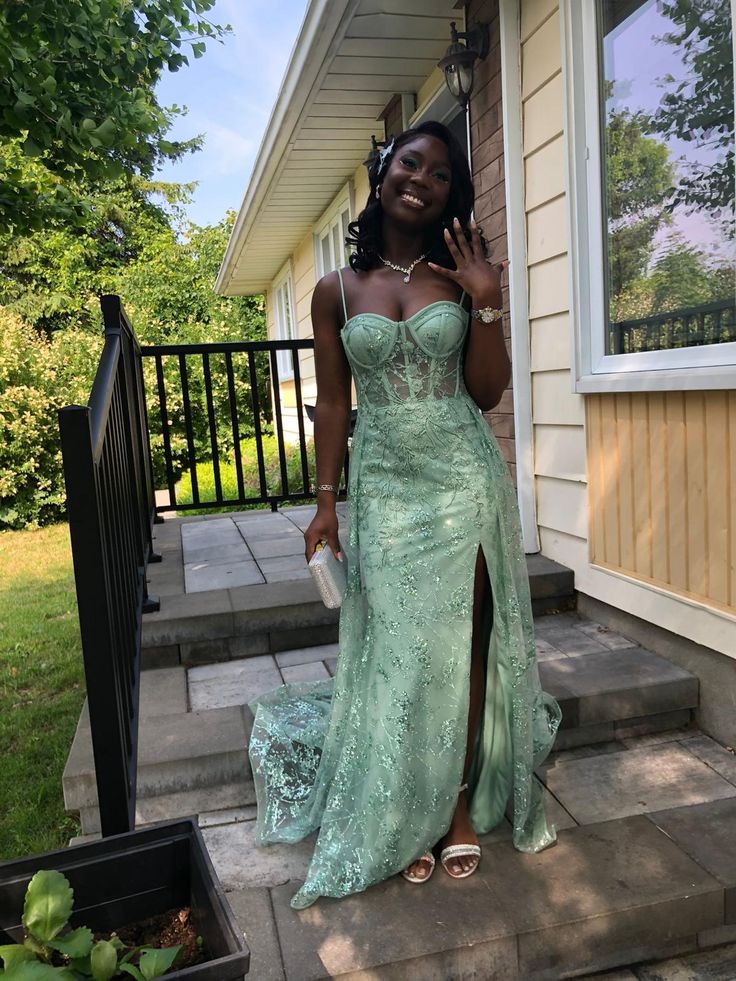 Shinning Mermaid Spaghetti Strap Sequin Green With Slit Prom Dresses For Teens Formal Dress Party Outfits RB3000