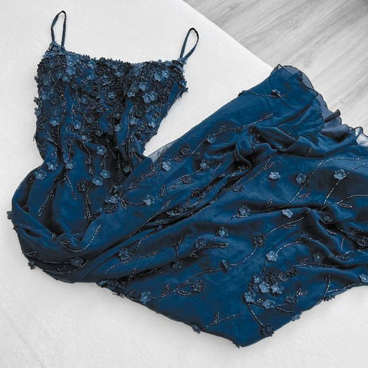 Vintage Meerjungfrauen-Abendkleid, ärmellos, Spaghettiträger, marineblau, geblümt, lang, ästhetisch für Teenager, Party-Outfit, Ballkleid AB1172