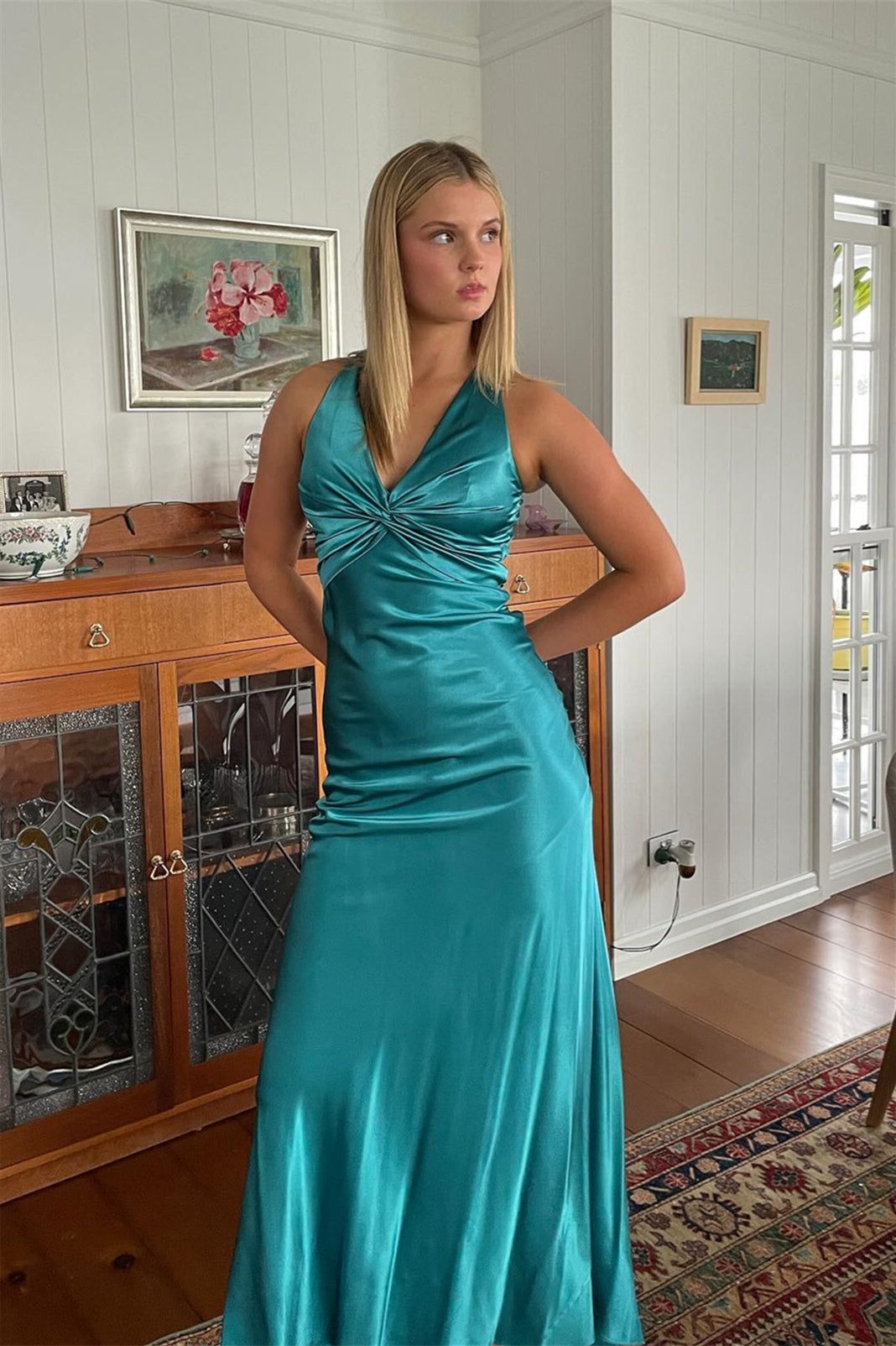 Langes, türkisfarbenes Etuikleid mit V-Ausschnitt und Rückenbindelasche, formelles Abendkleid, Ballkleid AB1175