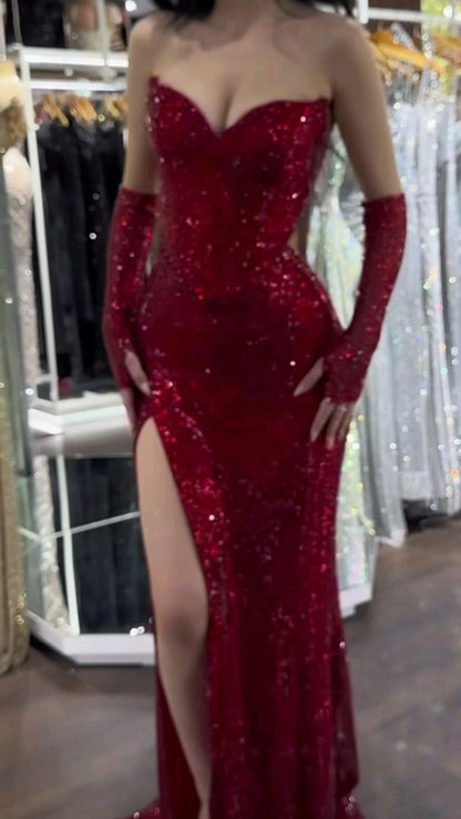 Attractive Sequins Sweetheart Slit Burgundy Mermaid Prom Dresses Evening Dress Party Gowns AB349
