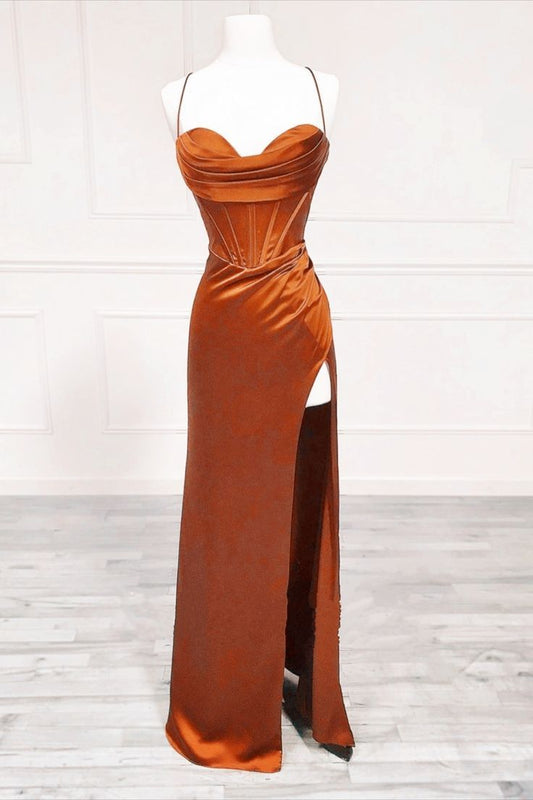 Robe de bal sirène à fines bretelles orange brûlé, inspiration robe de soirée longue pour un 18e anniversaire AB2359