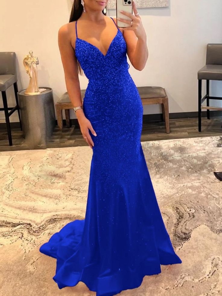 Glänzendes Meerjungfrauen-Abendkleid aus Satin mit V-Ausschnitt und Glitzer, Perlenbesatz, Partykleid RB1700