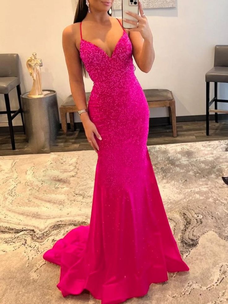Glänzendes Meerjungfrauen-Abendkleid aus Satin mit V-Ausschnitt und Glitzer, Perlenbesatz, Partykleid RB1700