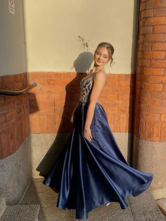 Special A Line V Neck Dark Navy Blue Satin Silver Beads Sequin Sleeveless Long Prom Dresses Inspo Prom Gown AB1029