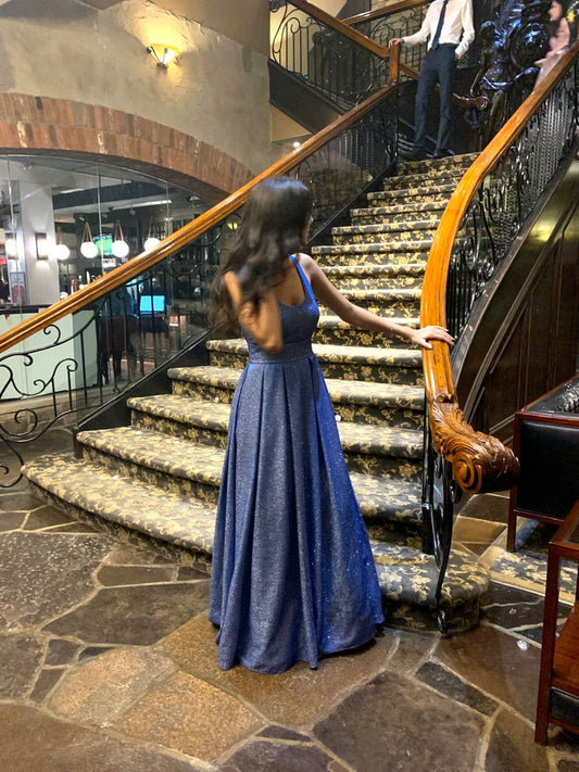 Shinning A Line Square Neck Blue Backless Sequin Prom Dresses For Teens Formal Dress Party Outfits Prom Gowns AB1038