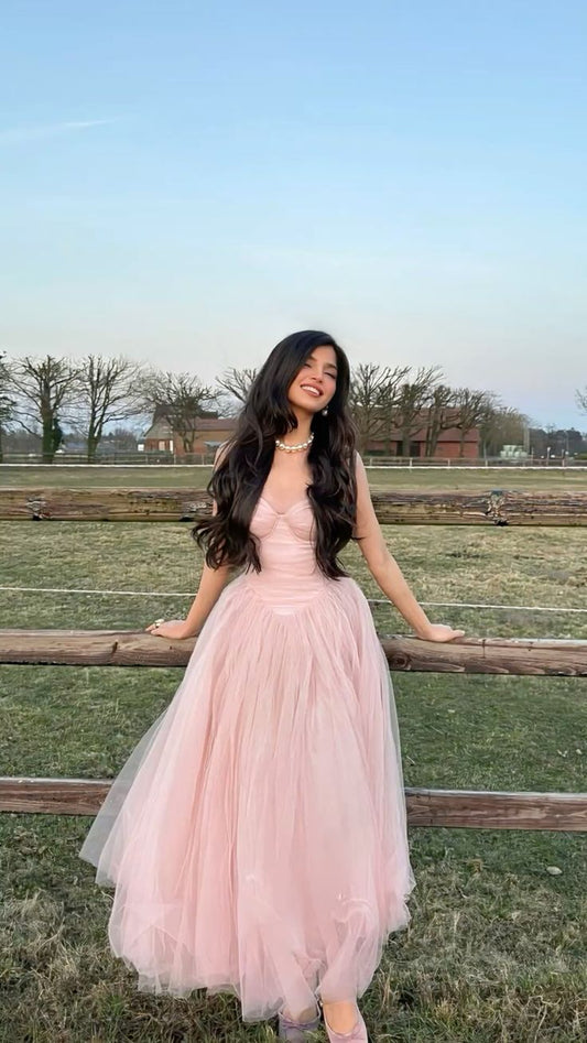 Robe de bal rose en tulle à fines bretelles et coupe trapèze pour adolescentes - Robe de soirée élégante - Robe de bal AB1048