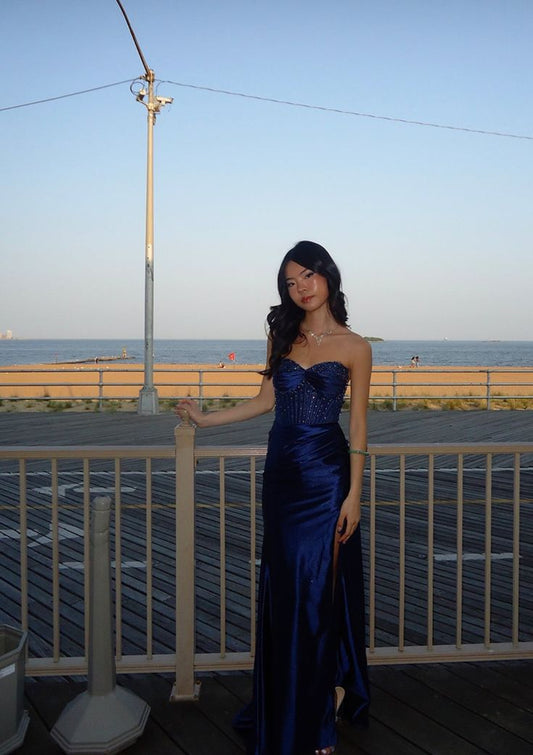 Special Sheath Strapless Dark Navy Blue Satin Beads Sequin Sleeveless Long Prom Dresses Inspo Prom Gown AB1030