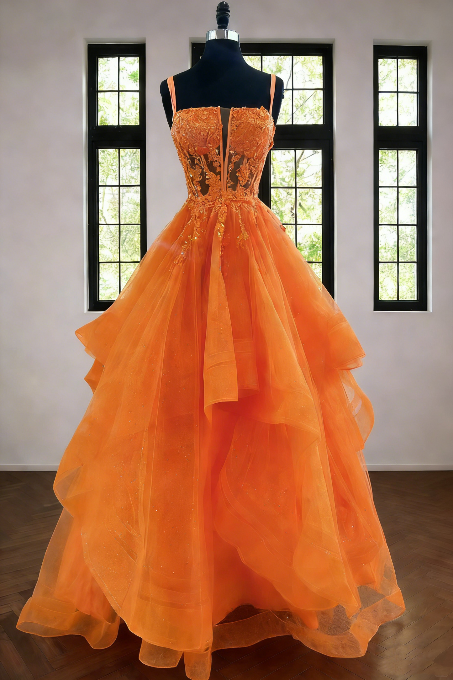 Robe de bal chic à fines bretelles, en tulle orange et dentelle, longue et élégante, idéale pour les soirées et les fêtes d'adolescentes (AB2182).