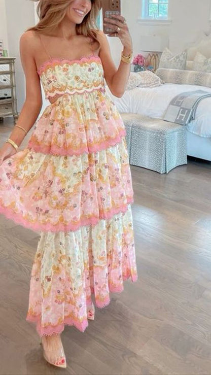 Robe de bal longue élégante à bretelles spaghetti, imprimé floral et volants, coupe trapèze, référence AB486