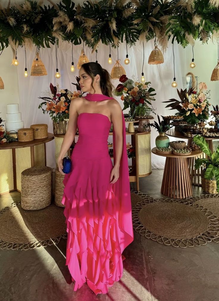 Graceful A line Fuchsia Strapless Pleated Sleeveless Prom Dress With Scarf Formal Evening Dress Party Gowns AB425