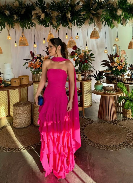 Graceful A line Fuchsia Strapless Pleated Sleeveless Prom Dress With Scarf Formal Evening Dress Party Gowns AB425