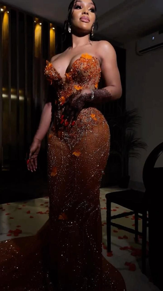 Robe de bal sirène modeste à sequins orange en forme de cœur pour femme noire - Inspiration robe de soirée longue pour fête ou tenue d'anniversaire de 18 ans AB2362