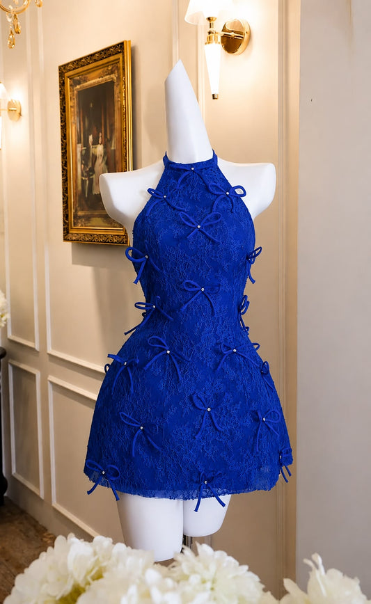 Mignonne robe de soirée bleu roi en dentelle pour le bal des finissantes | Élégante mini-robe de soirée à fleurs 3D RB4159
