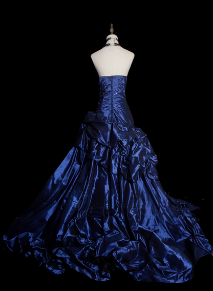 Robe de bal vintage bustier bleu marine en satin, longue, pour bal de fin d'année, tenue de soirée N035
