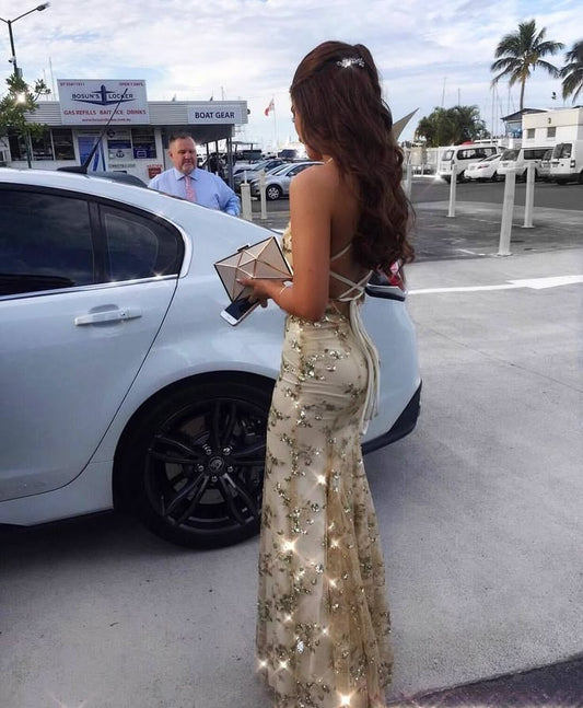 Mermaid Long Prom Dresses,Cross Back Evening Dress Gold Lace Party Dress Prom Gowns AB324