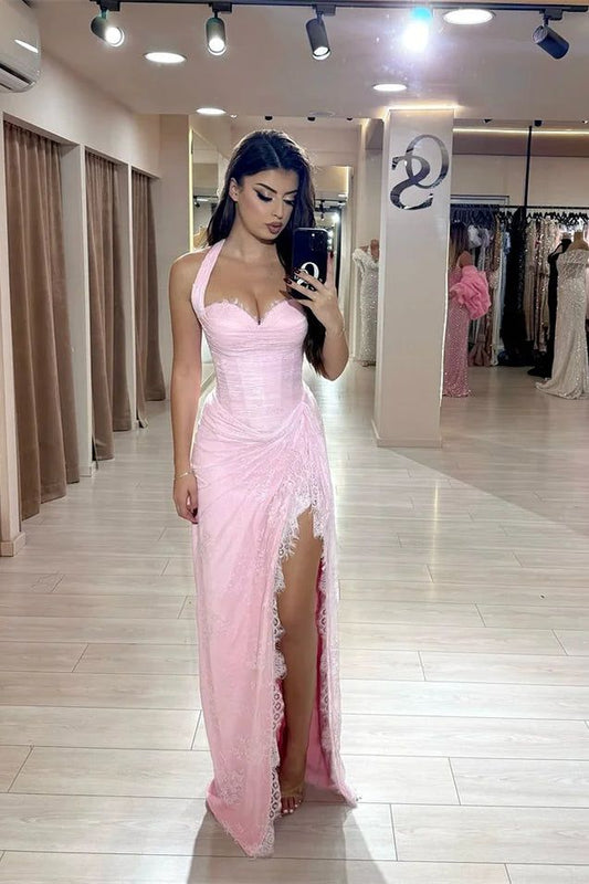 Wunderschönes, ärmelloses, pinkfarbenes Meerjungfrauen-Abendkleid mit herzförmigem Ausschnitt, Neckholder und Seitenschlitz, Abschlusskleid B551