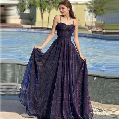 Robe de bal en tulle scintillant pour femme, corset long, coupe trapèze, bretelles spaghetti, paillettes, inspiration robe de soirée AB705