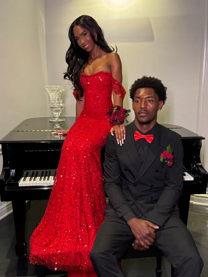 Sparkly Prom Dresses Off The Shoulder Red Sequins Senior Fashion Long Prom Dresses Party Gowns AB351