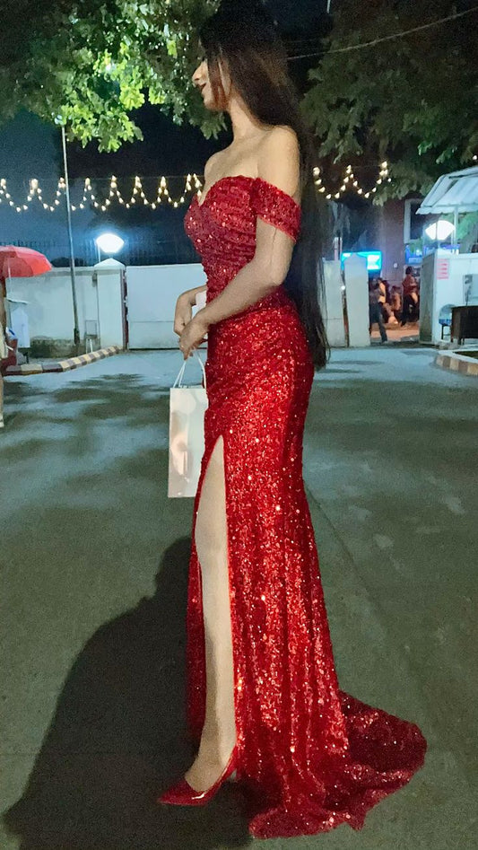 Luxuriöses, schulterfreies, rotes Paillettenkleid im Meerjungfrauenstil mit Schlitz, ideal für Abschlussball, 16. Geburtstag oder andere festliche Anlässe (AB1189)