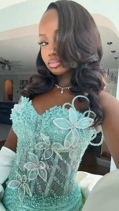 Pretty Mint Strapless Corset Mermaid Beaded Long Prom Dress with Slit N2113