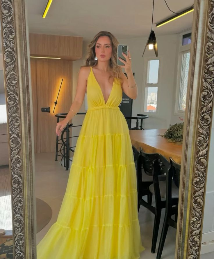 Modest A line Spaghetti Strap Yellow Tulle Sleeveless Prom Dress Long Prom Gown AB210