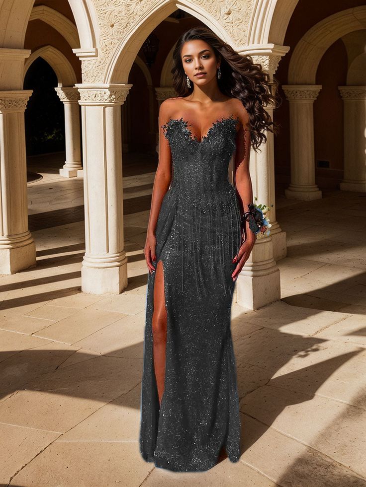 Rotes, trägerloses Pailletten-Abendkleid mit Perlenfransen an der Taille und hohem Schlitz für Damen AB1546