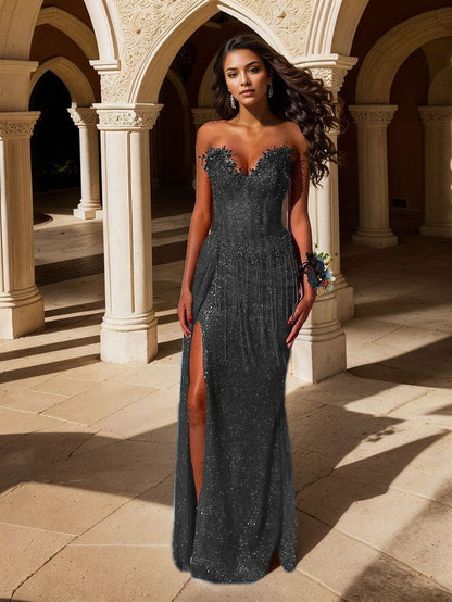 Rotes, trägerloses Pailletten-Abendkleid mit Perlenfransen an der Taille und hohem Schlitz für Damen AB1546