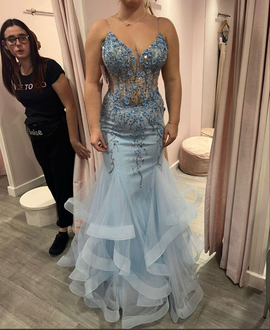 Blaues Tüll-Spitzen-Partykleid, Meerjungfrauen-Schnitt, Spaghettiträger, langes, sexy Ballkleid, Abendkleid AB1571