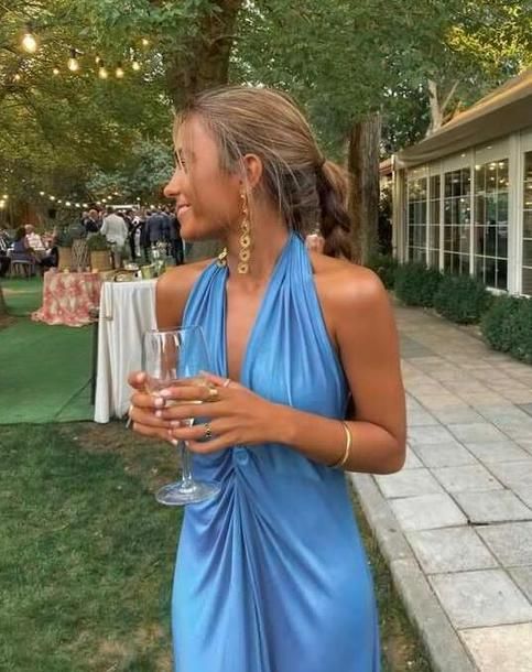 Simple Halter A Line Blue Long Prom Dresses For Women AB1554