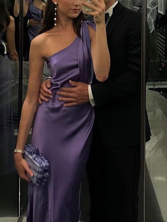 One Shoulder Purple Satin Mermaid Long Evening Prom Dresses AB1550