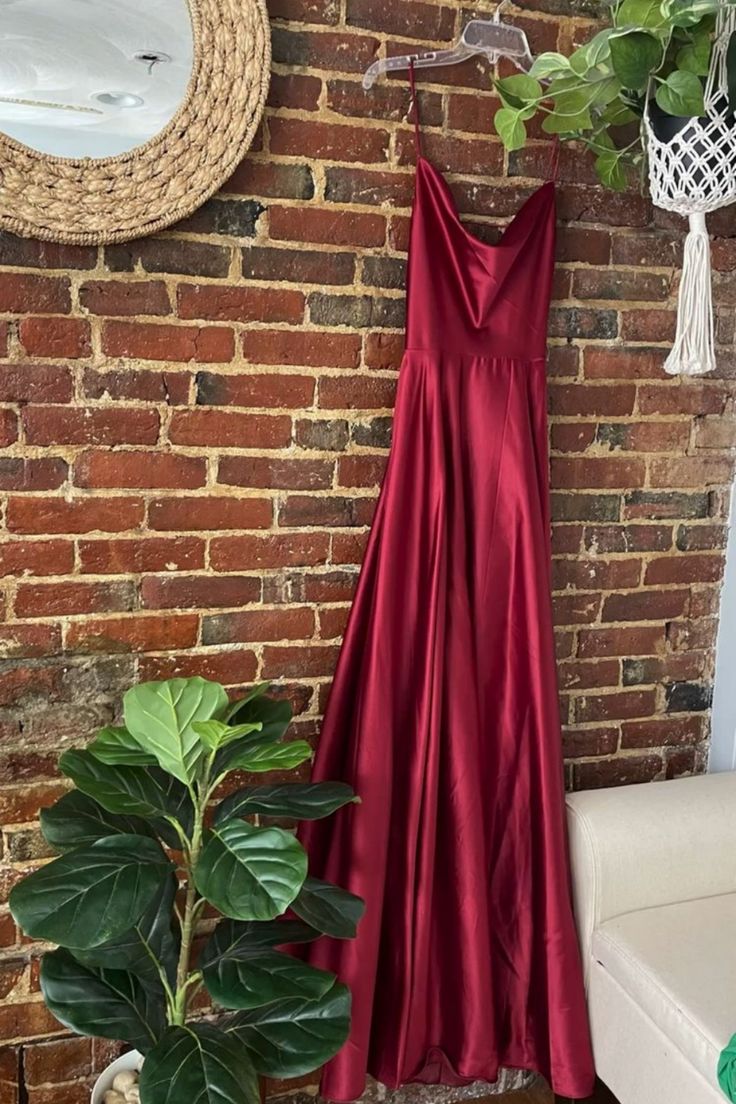 Simple A Line Burgundy Satin Long Prom Dresses with High Slit Inspo Evening Dress AB704