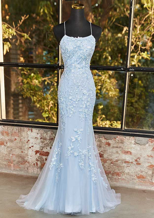 Mermaid Marine Ball Dresses Spaghetti Straps Formal Gowns Light Sky Blue Open Backs Prom Dresses Evening Dress AB710