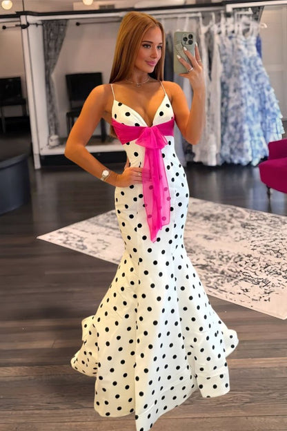 Robe de bal sirène à pois et bretelles spaghetti, ornée d'un nœud, idéale pour un anniversaire (AB2310)