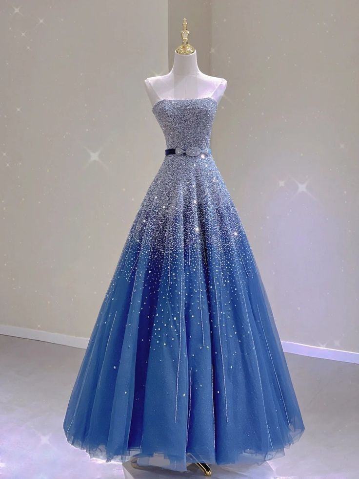 Elegante Ballkleider-Inspiration 2026: Königsblaues Tüll-Abendkleid mit Perlen für Teenager und Gymnasien AB1936