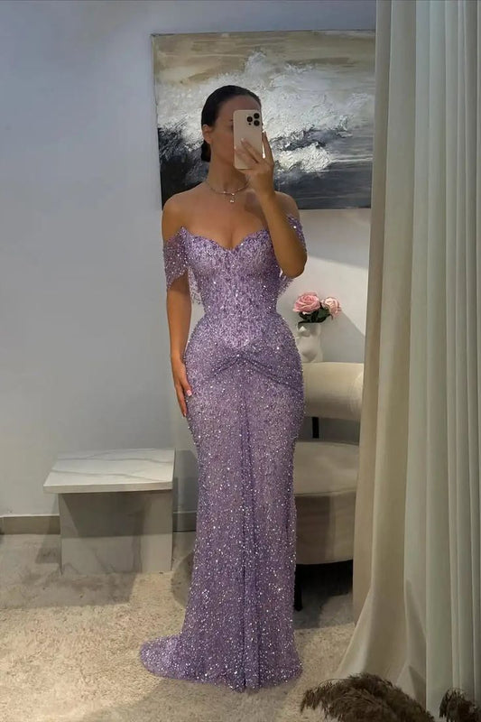 Elegante, schlichte Ballkleider für die Oberstufe: Meerjungfrauen-Stil, herzförmiger Schnitt, lila Pailletten, halbformell, langes Abschlussballkleid für Teenager AB1977