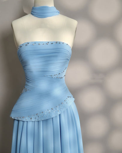Elegantes, trägerloses, blaues A-Linien-Abendkleid für Damen, langes, formelles Kleid für Abschlussball, 16. Geburtstag, Damenkleid AB1222