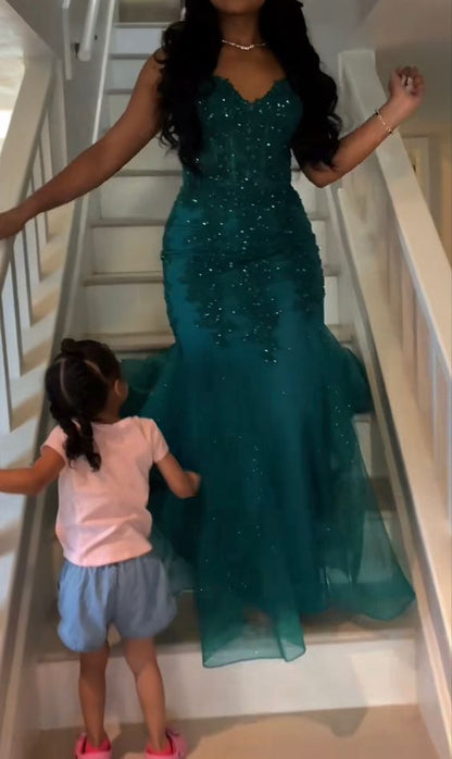 Robe de bal sirène vert foncé en tulle et dentelle, robe d'hiver semi-formelle longue pour adolescentes AB1994