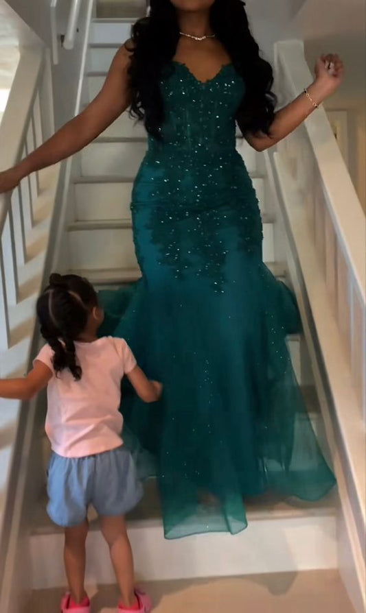 Dunkelgrünes Meerjungfrauen-Abendkleid aus Tüll und Spitze, Winterkleid, halbformelles langes Abschlussballkleid für Teenager AB1994
