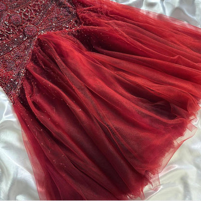 Elegantes Meerjungfrauen-Kleid aus burgunderrotem Tüll mit Perlen für Damen – langes, formelles Ballkleid zum 22. Geburtstag (AB1363)