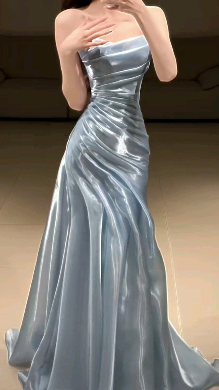 Hellblaues, trägerloses, plissiertes Ballkleid, Abendkleid, formelles, halbformelles, langes Abschlussballkleid für Teenager AB1993