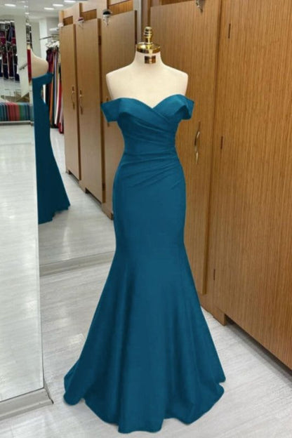 Marineblaues schulterfreies Meerjungfrauen-Abendkleid mit kurzen Ärmeln und Herzausschnitt, perfekt für Geburtstage und als Ballkleid (AB2390)