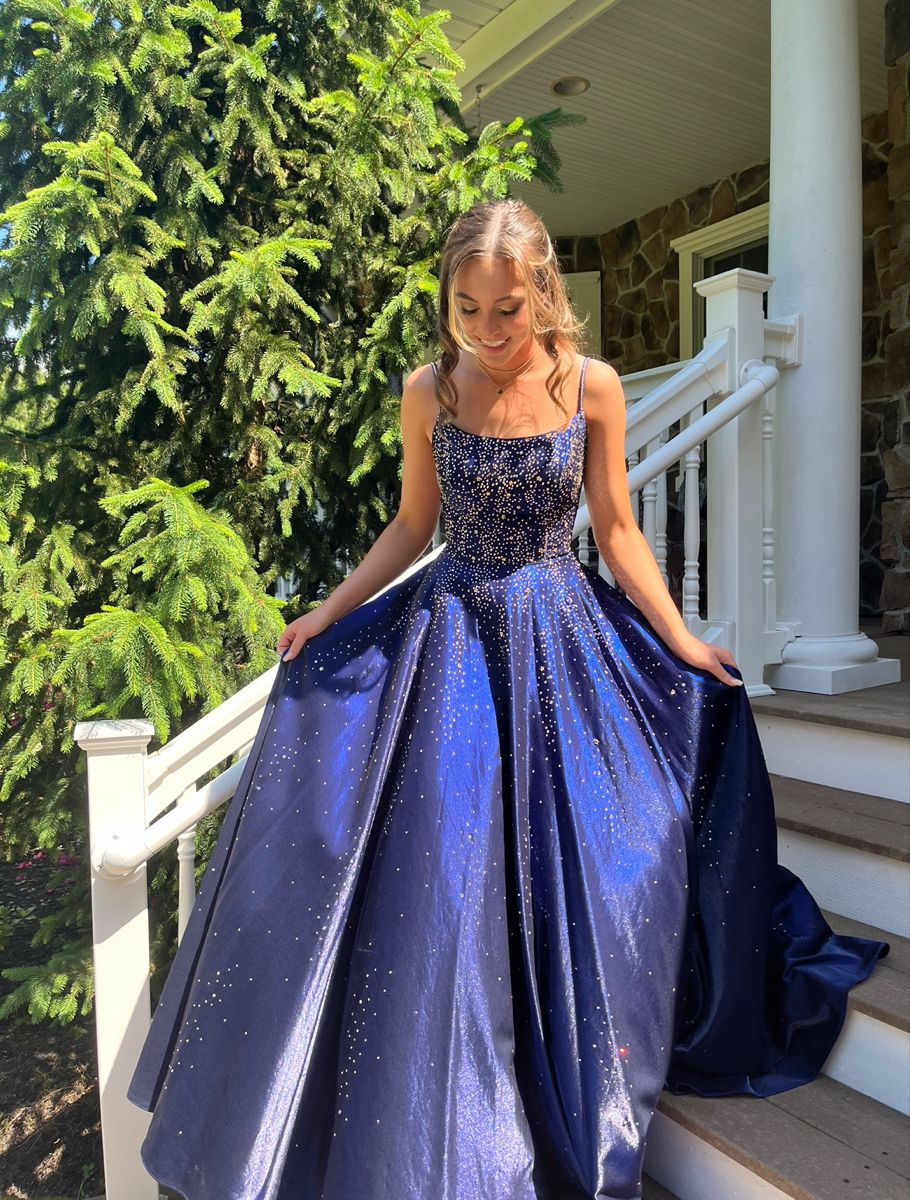 Robe de bal longue de soirée, dos nu, bretelles spaghetti, satin bleu marine, perles, coupe trapèze, AB1610