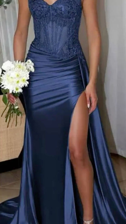 Meerjungfrauen-Abendkleid mit Spaghettiträgern und Schlitz für Damen AB1621
